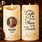 Custom Photo Your Light Will Always Shine In Our Hearts Memorial - Personalized Flameless LED Candle