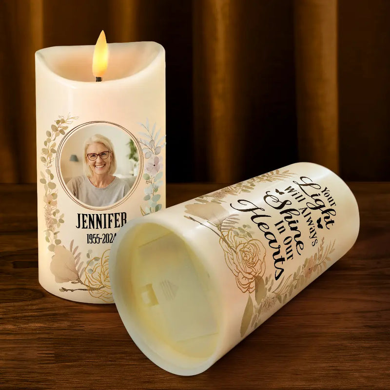 Custom Photo Your Light Will Always Shine In Our Hearts Memorial - Personalized Flameless LED Candle